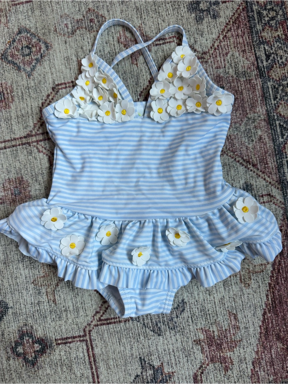 Little Me Light Blue & White Striped Daisy Ruffle One-Piece 12M